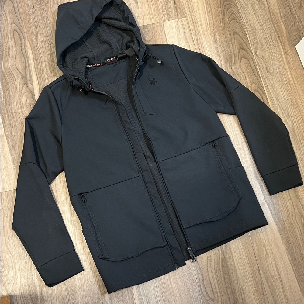 NEW Men’s Spyder Off Black Hooded Full Zip Soft Shell Active Performance Jacket
